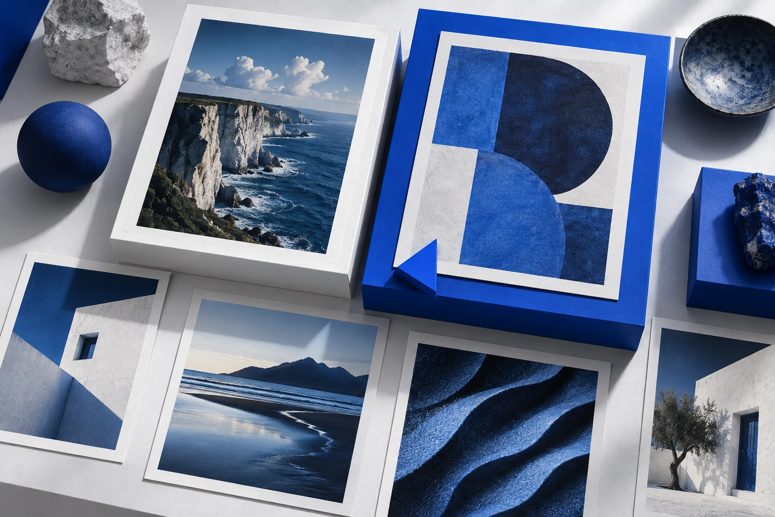 Creative prints on cobalt and white platforms, illustrating a shortlist of video generators.