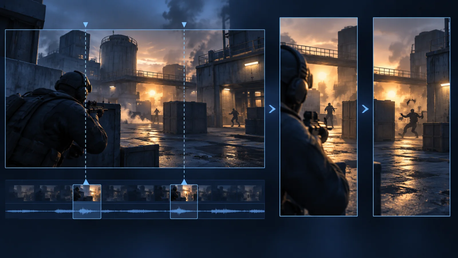 An industrial tactical round reframed into vertical highlight clips