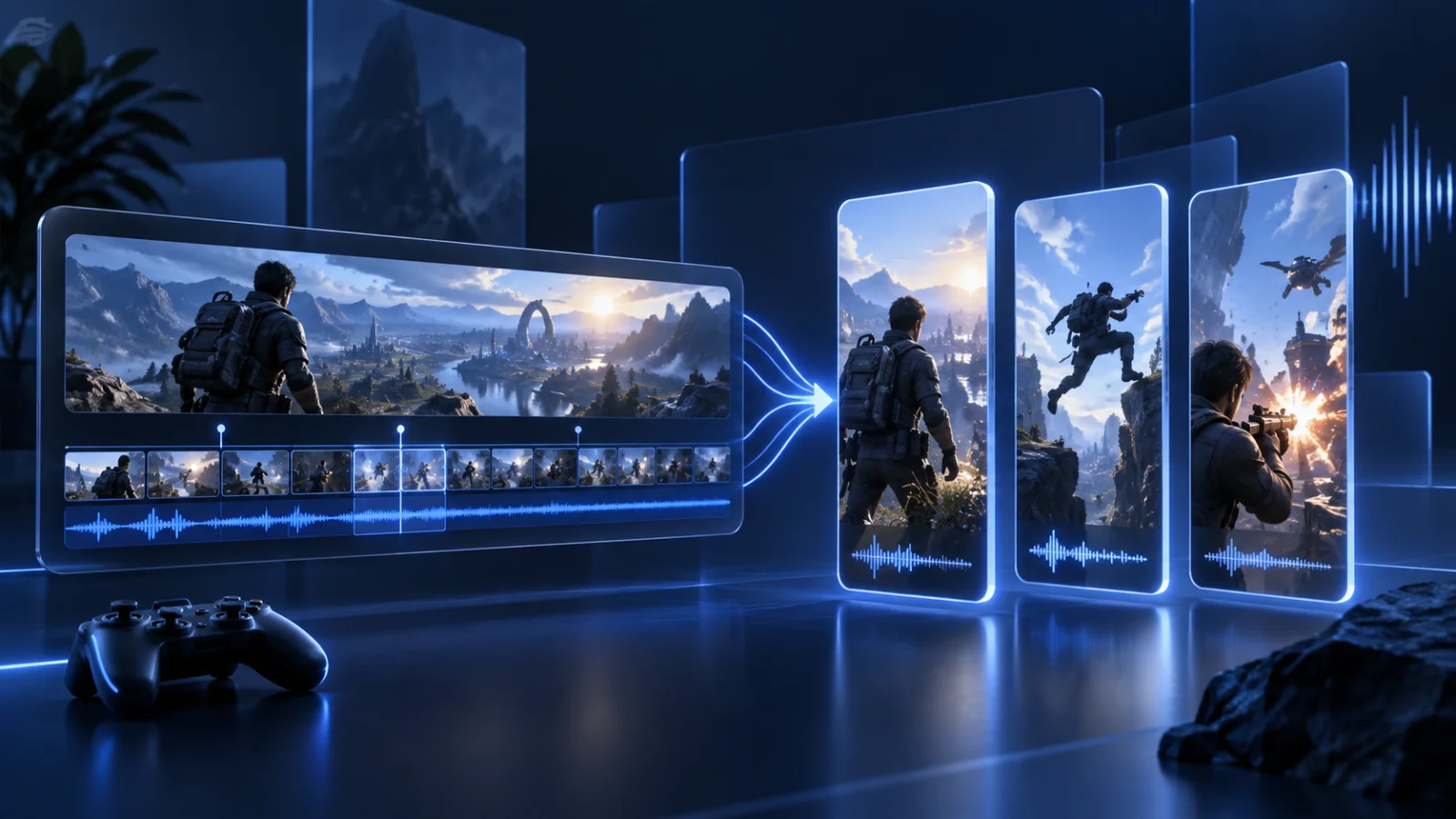AI gaming footage transformed from a long source timeline into vertical clips