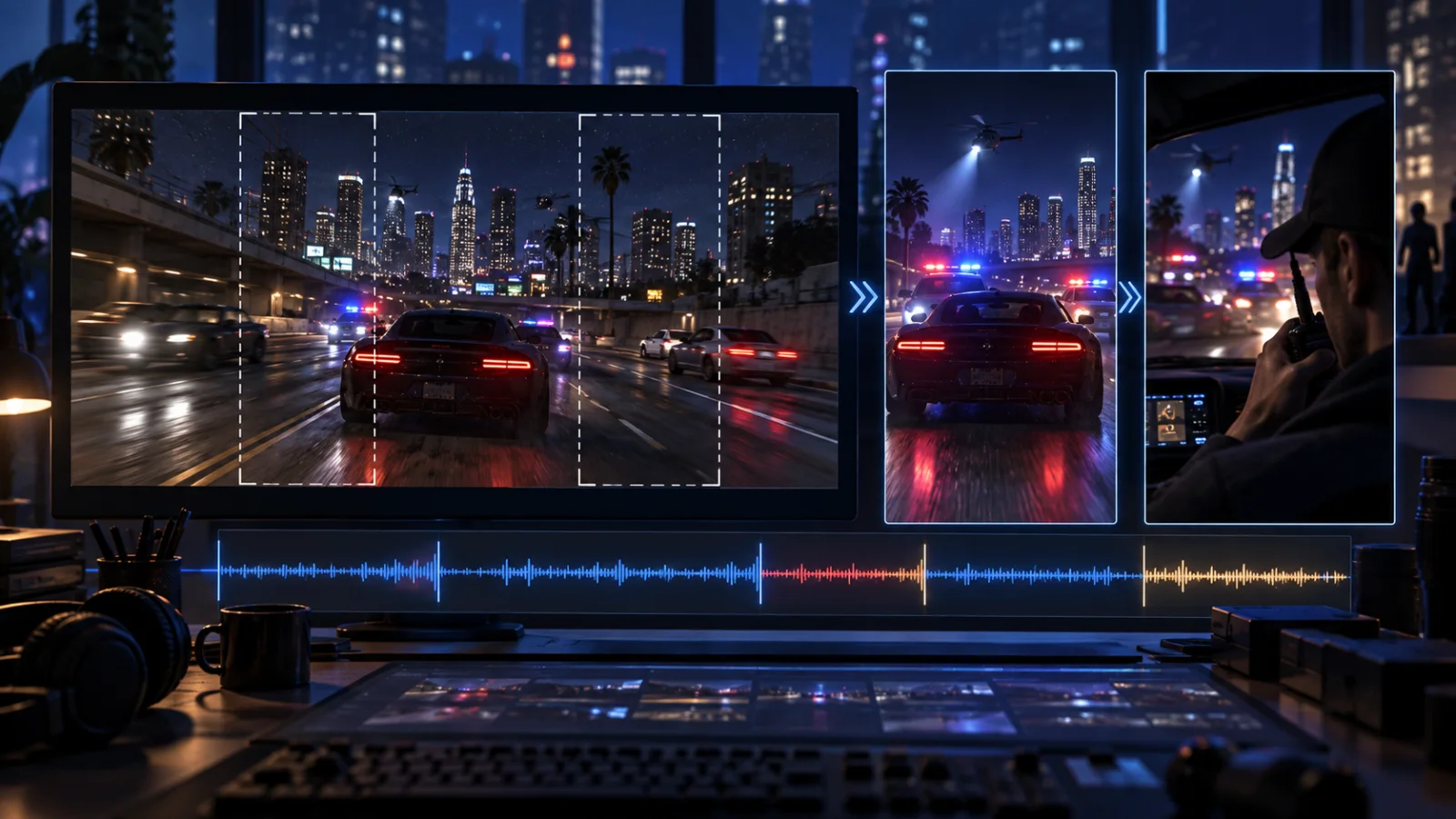 A night-time city chase reframed from widescreen footage into vertical clips