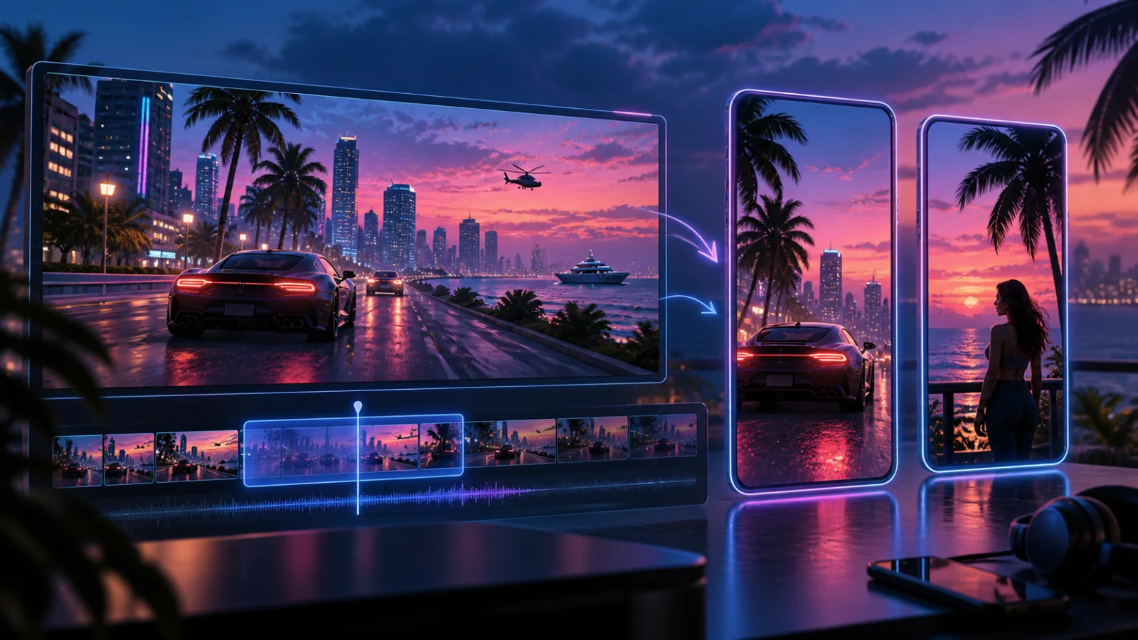 A neon coastal game scene reframed from widescreen footage into vertical clips