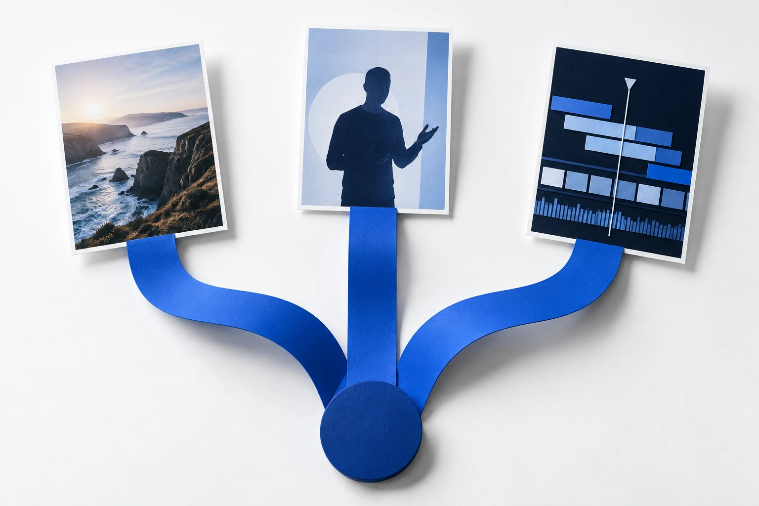 Three cobalt paths leading to different content formats, illustrating workflow choices.