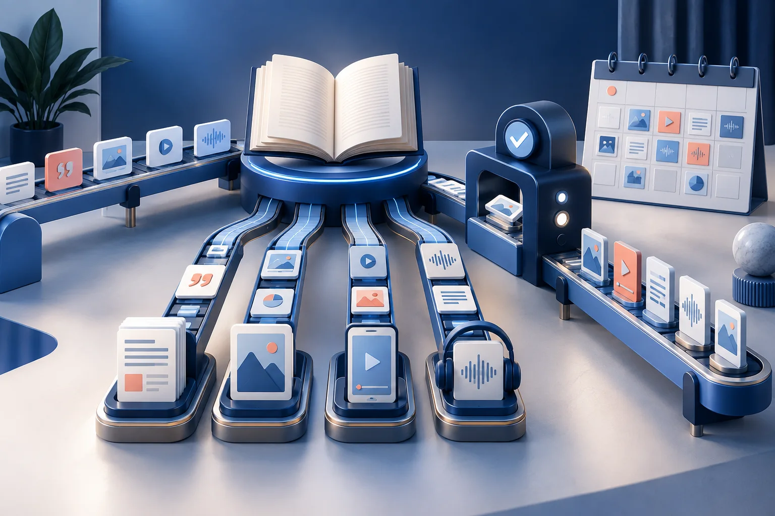 One substantial source feeds a structured system of extracted ideas, review gates and scheduled vertical outputs.