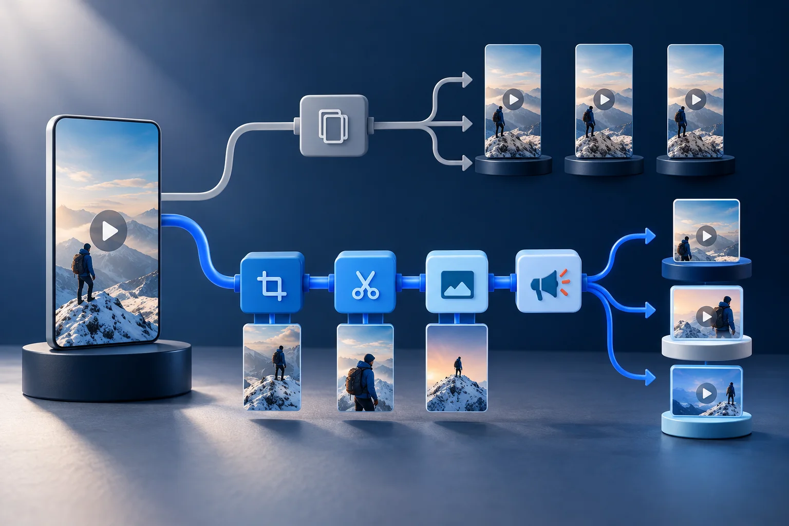 One vertical video branches into identical copies and into carefully adapted platform versions.