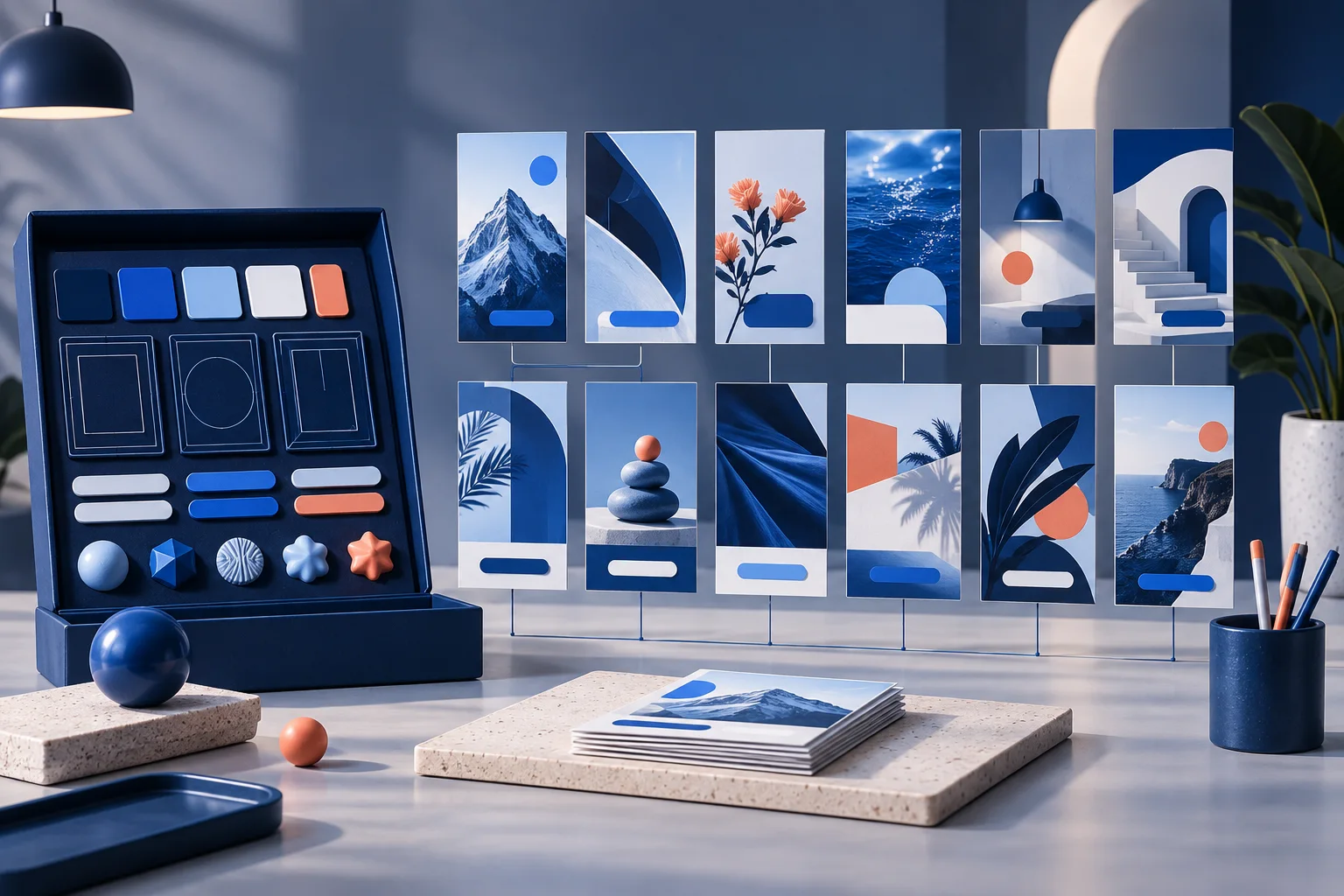 A production table assembles varied vertical videos from one organized brand kit.