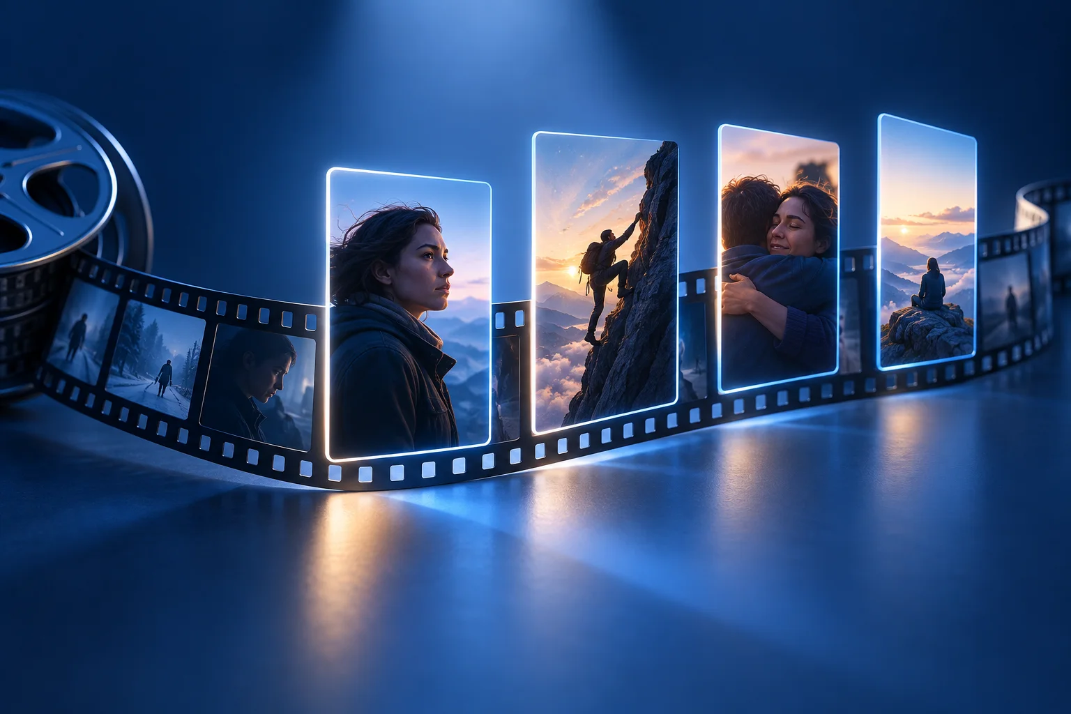 A long film ribbon passes under a spotlight and several complete high-value moments rise into vertical frames.