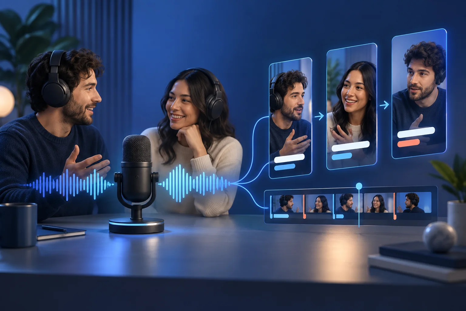 Two podcast microphones and speaker waveforms become several vertical conversational clips.