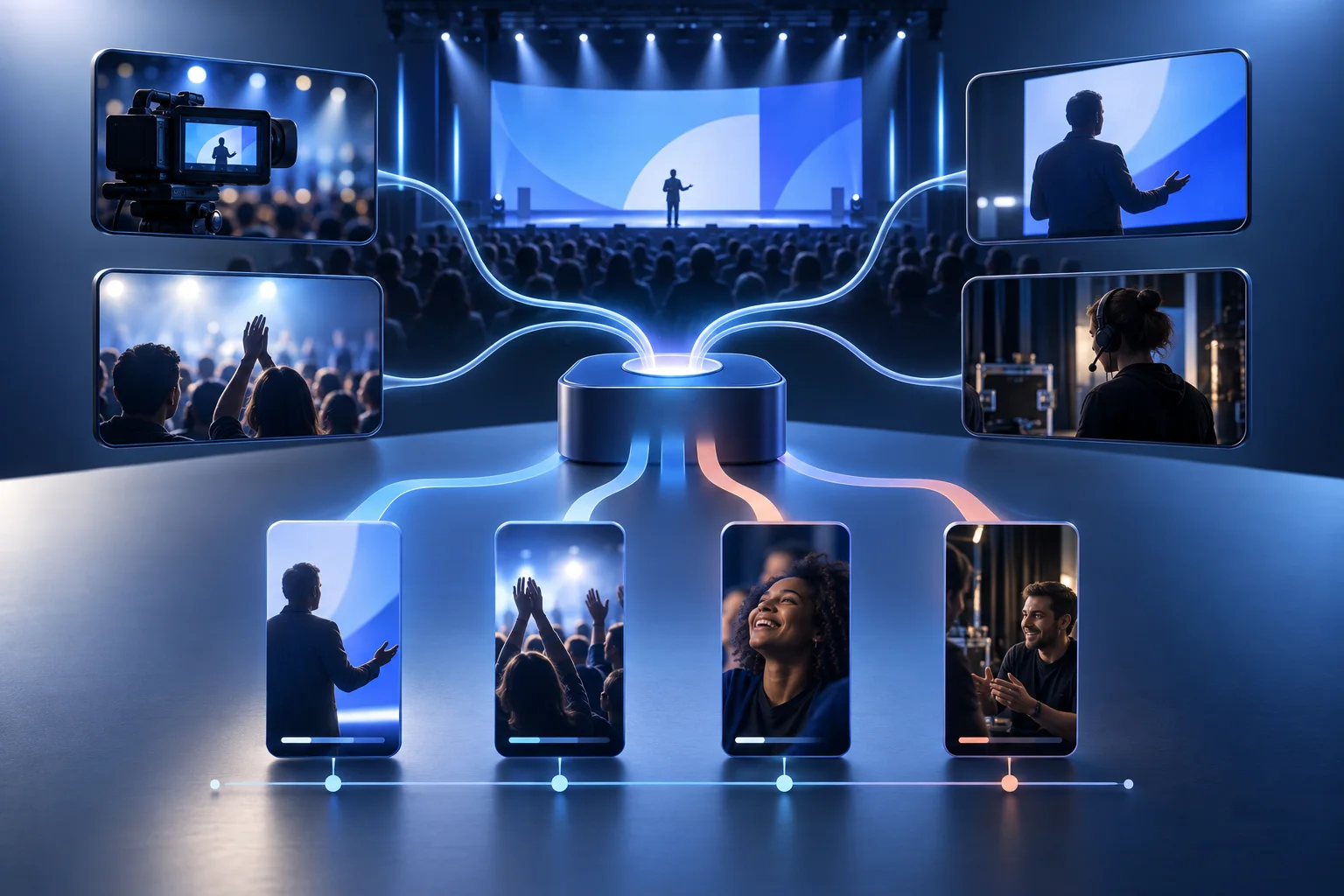 A live stage and audience capture become recap, insight, reaction and follow-up vertical clips.