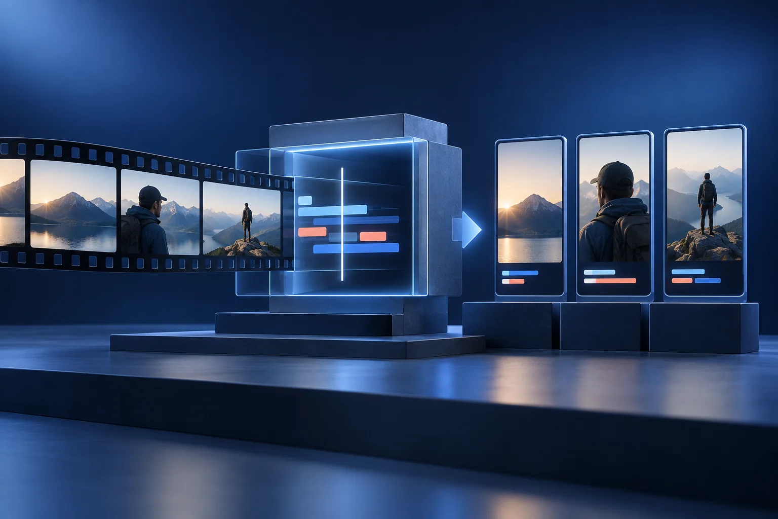 A wide film strip enters an editing station and becomes three distinct vertical video frames.