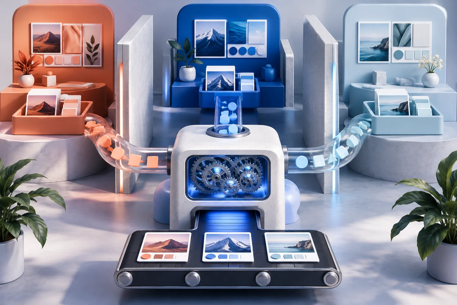 Several separated brand workspaces feed one shared production engine without crossing assets.