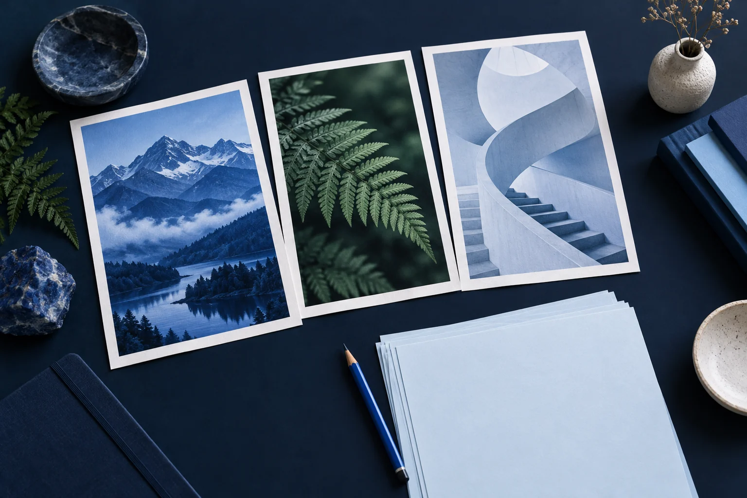 Photographic storyboards of a mountain, a fern and a spiral staircase with blank script paper.