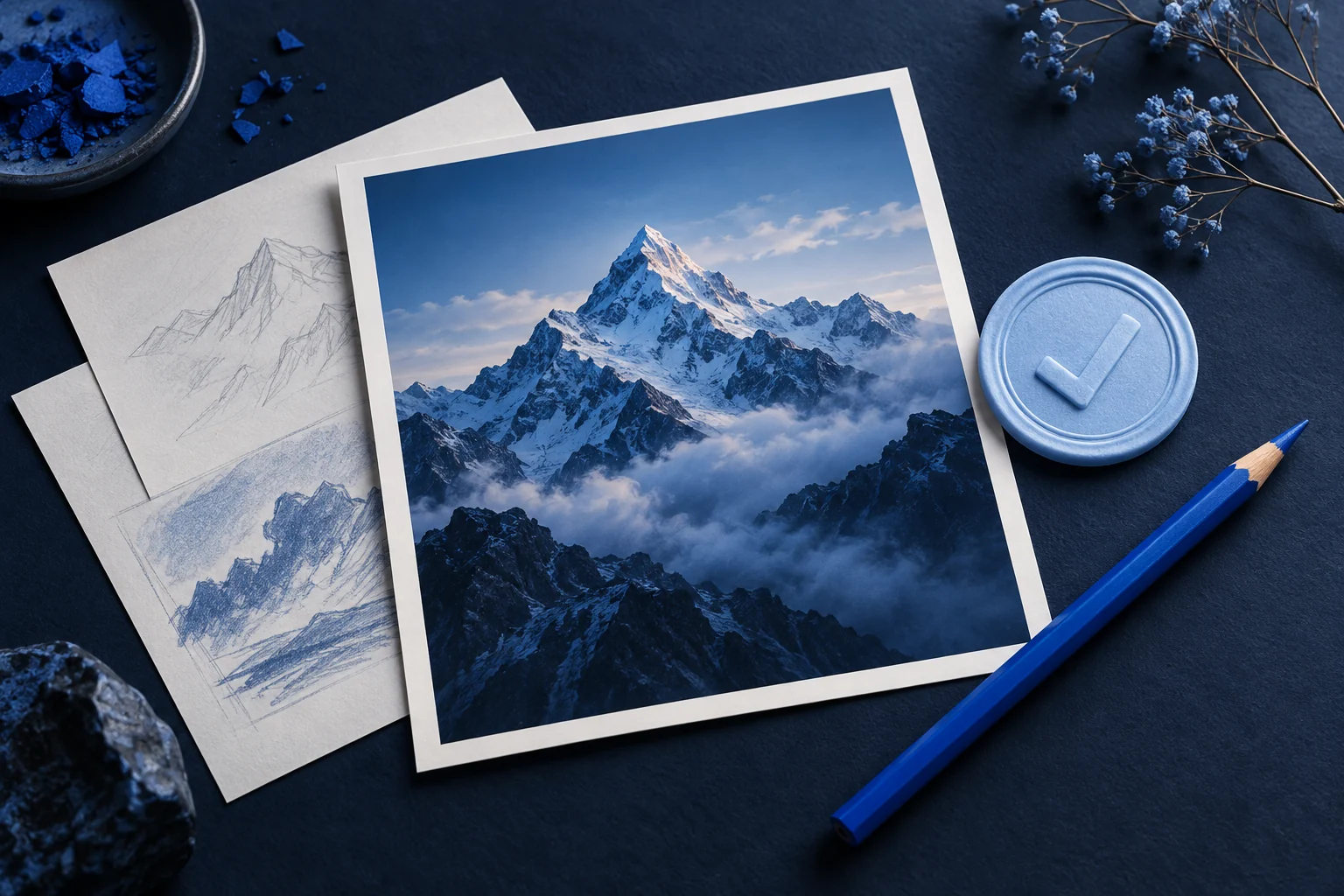 An original mountain print, artist’s pencil and plain checkmark seal on a navy work surface.