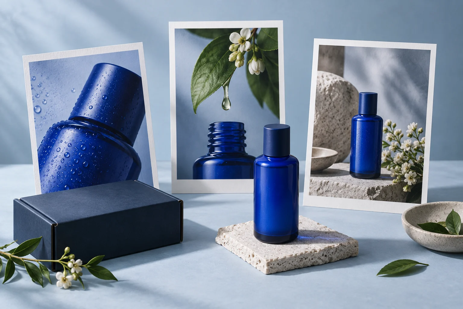 Cobalt product bottle with three different product-story photographs.