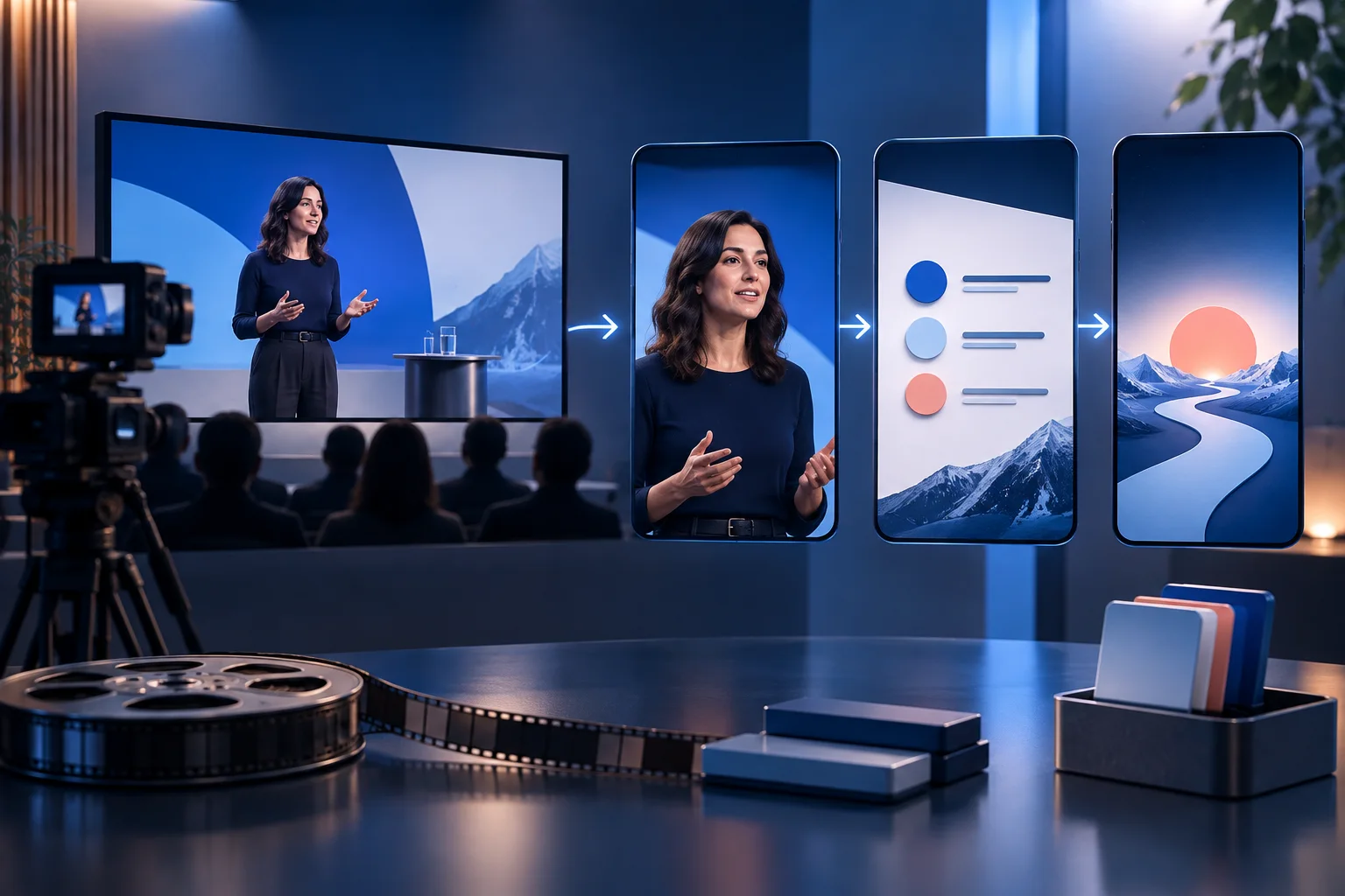 A webinar stage and presentation become speaker, insight and call-to-action vertical clips.