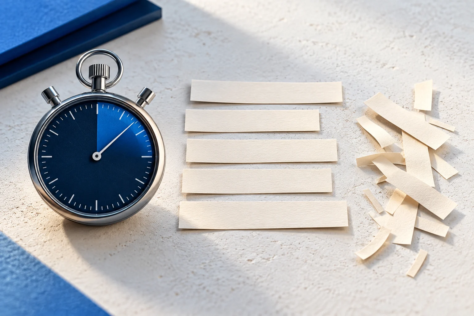 An unnumbered stopwatch beside shortened paper-script strips and their offcuts.