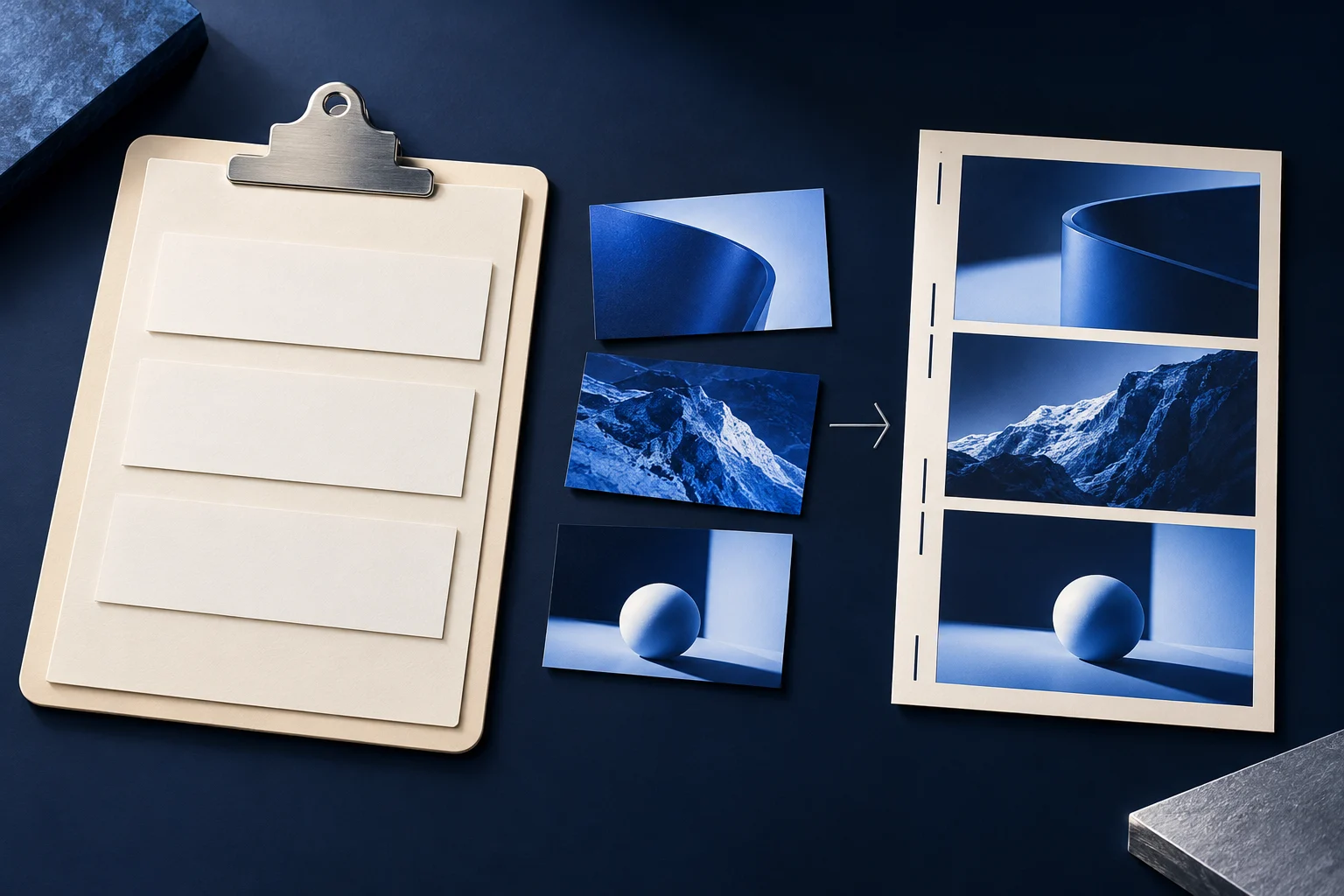 A paper-script clipboard beside source picture cards and an ordered vertical storyboard.
