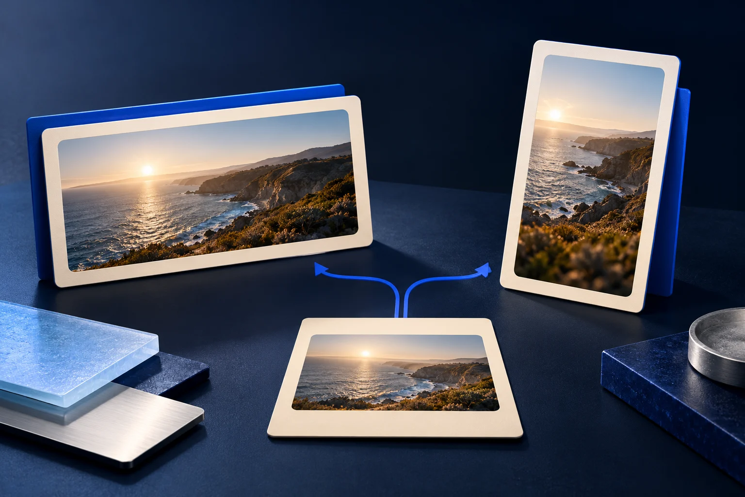 Wide and portrait picture frames share one original source print.