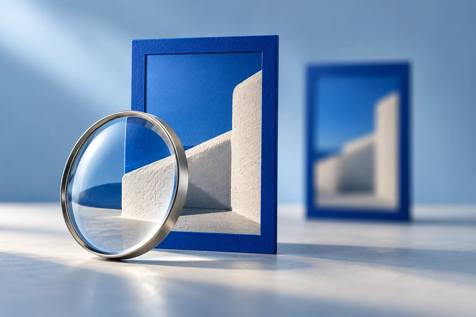 A clear lens and a sharp picture frame stand before a blurred duplicate.