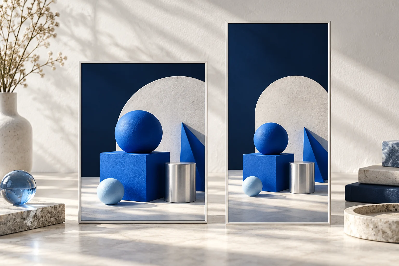 Two differently proportioned frames preserve the same blue geometric composition.