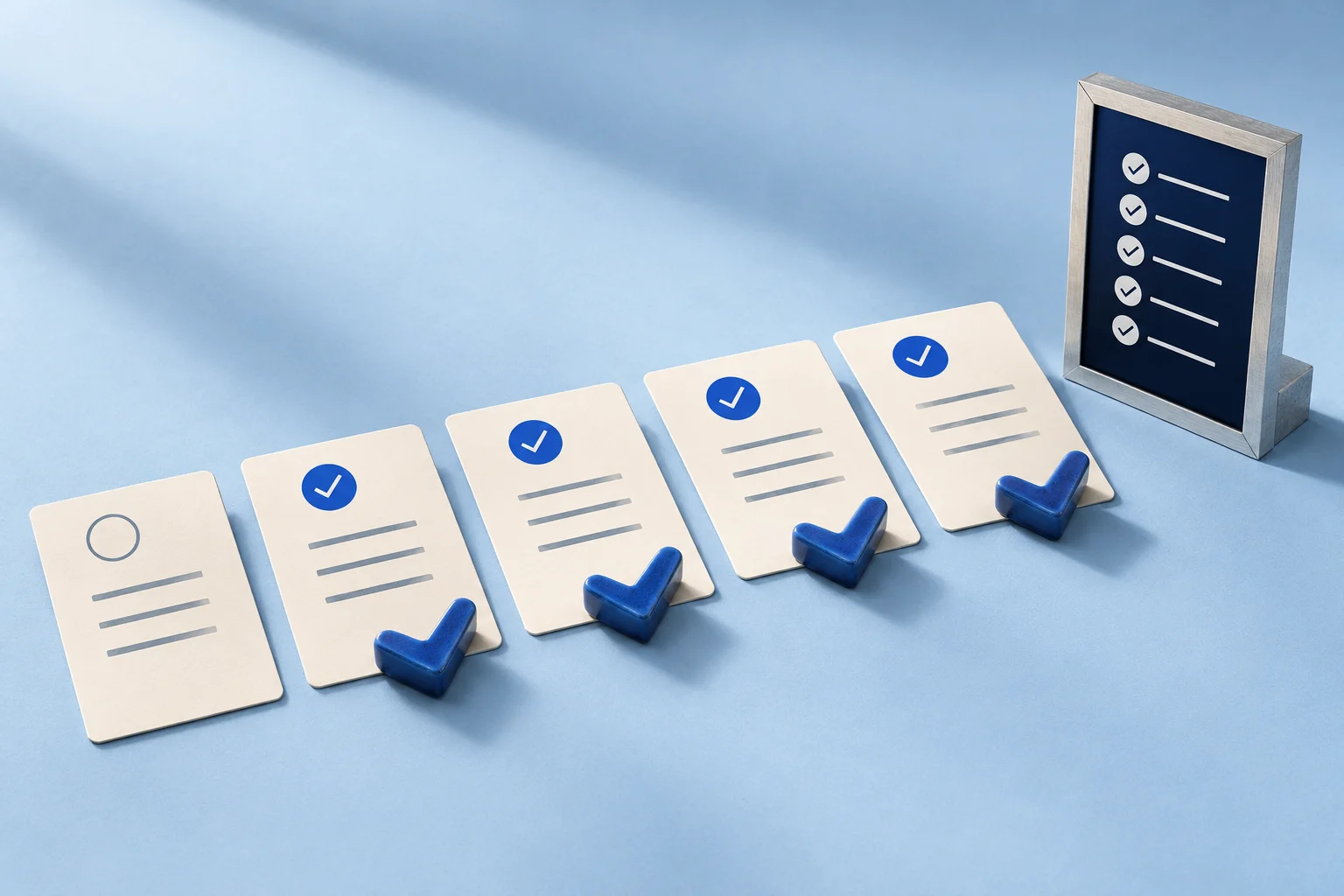 Five tactile checklist cards with blue check pieces and a matching display frame.