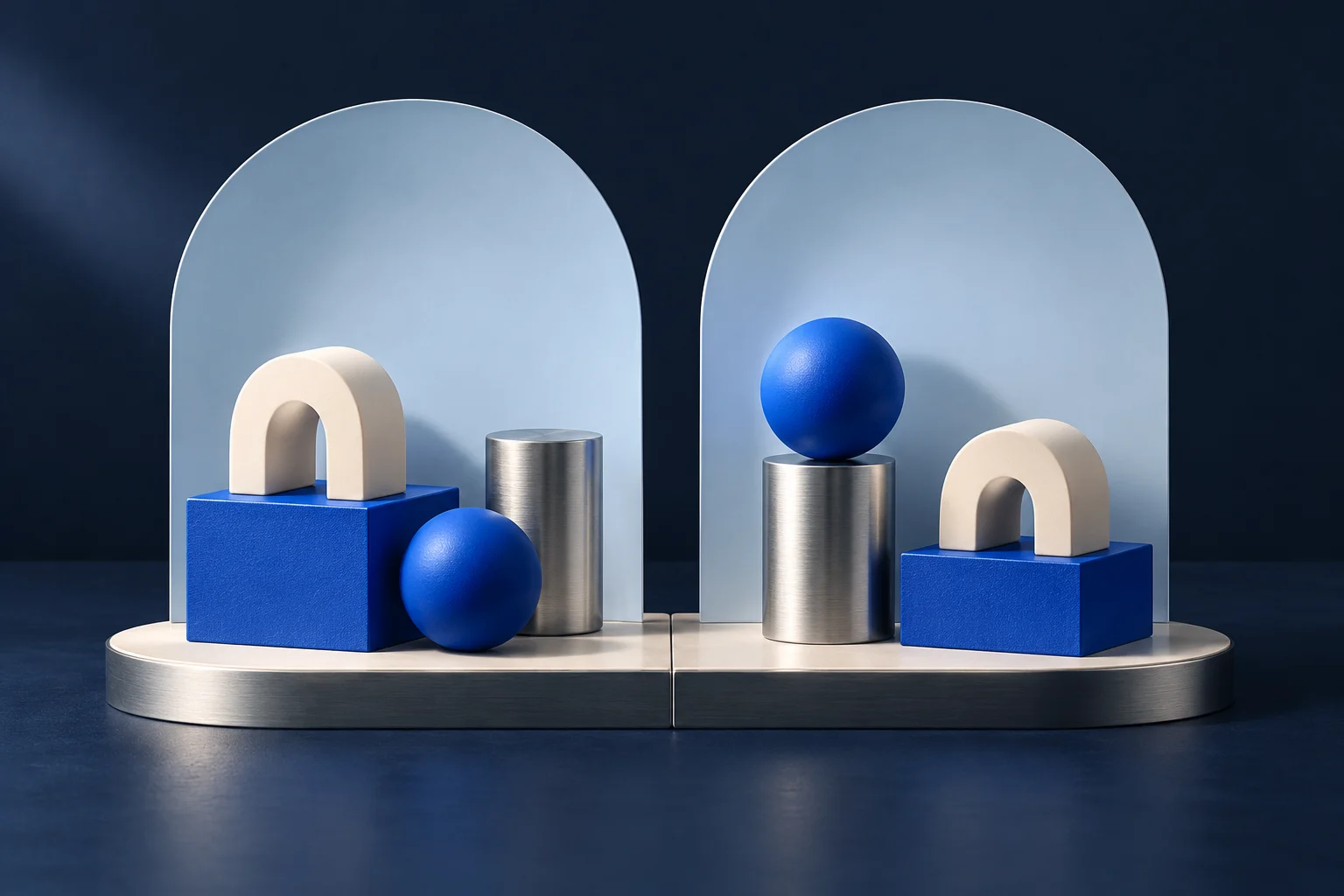 Two equal frames arrange the same blue and ivory objects in different ways.