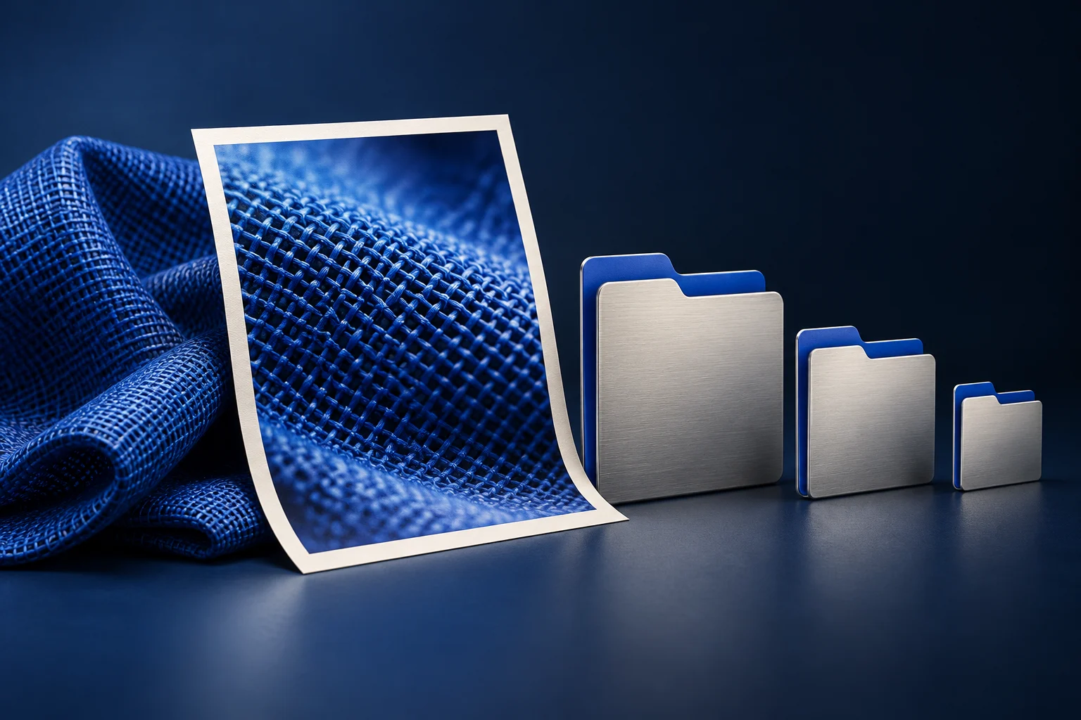 A sharp woven-fabric print beside successively smaller folder shapes.