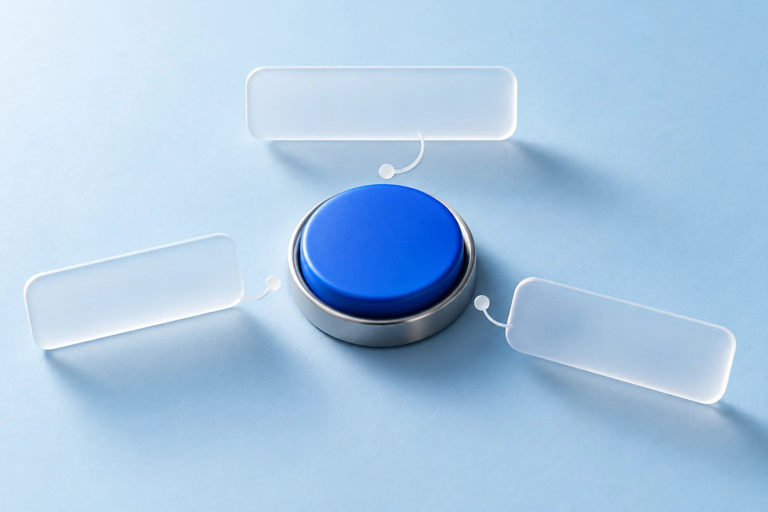 Transparent caption rails leave a central cobalt action button visible.