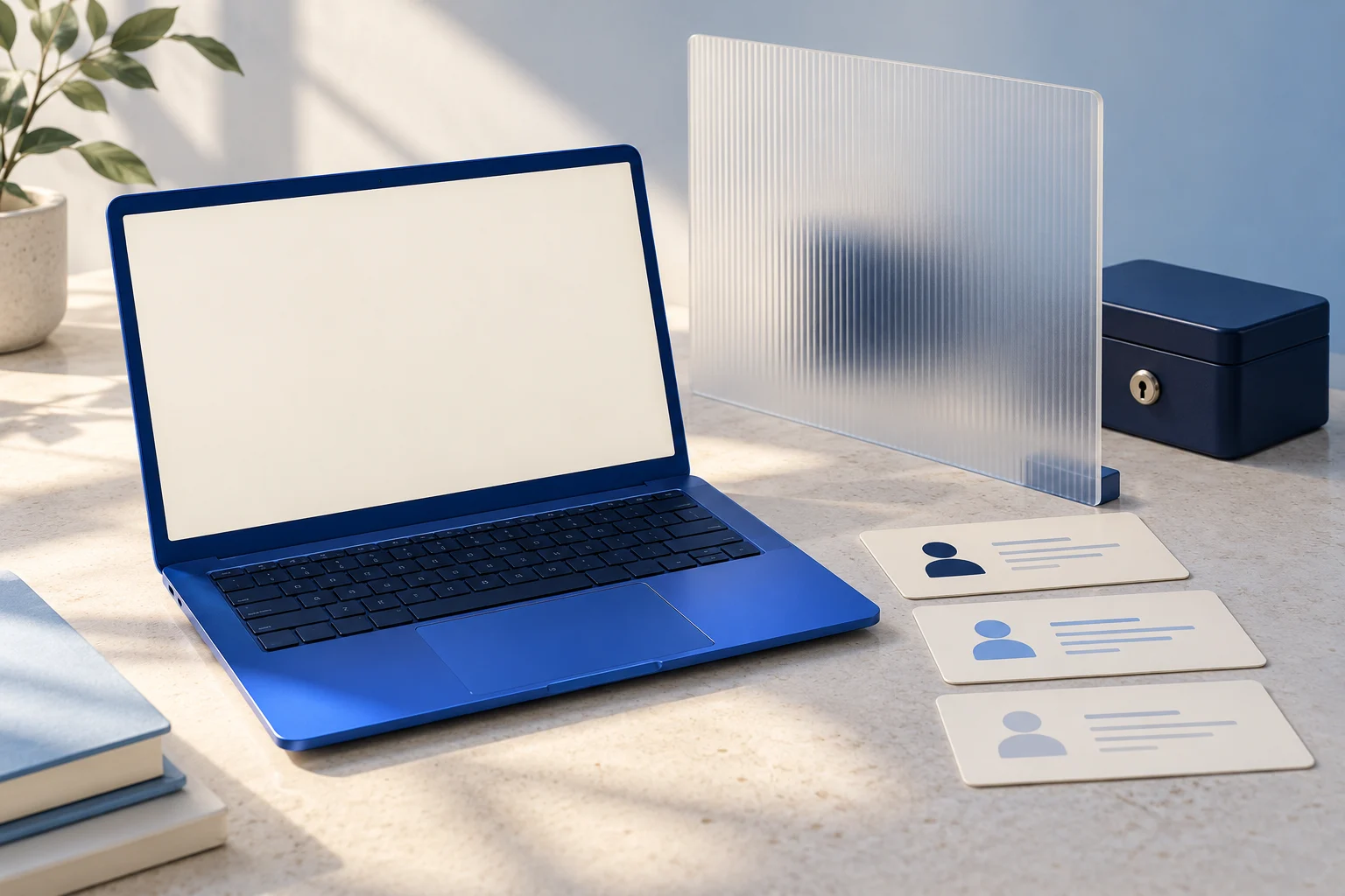 A blank cobalt laptop, frosted privacy panel and sample identity cards beside a locked box.