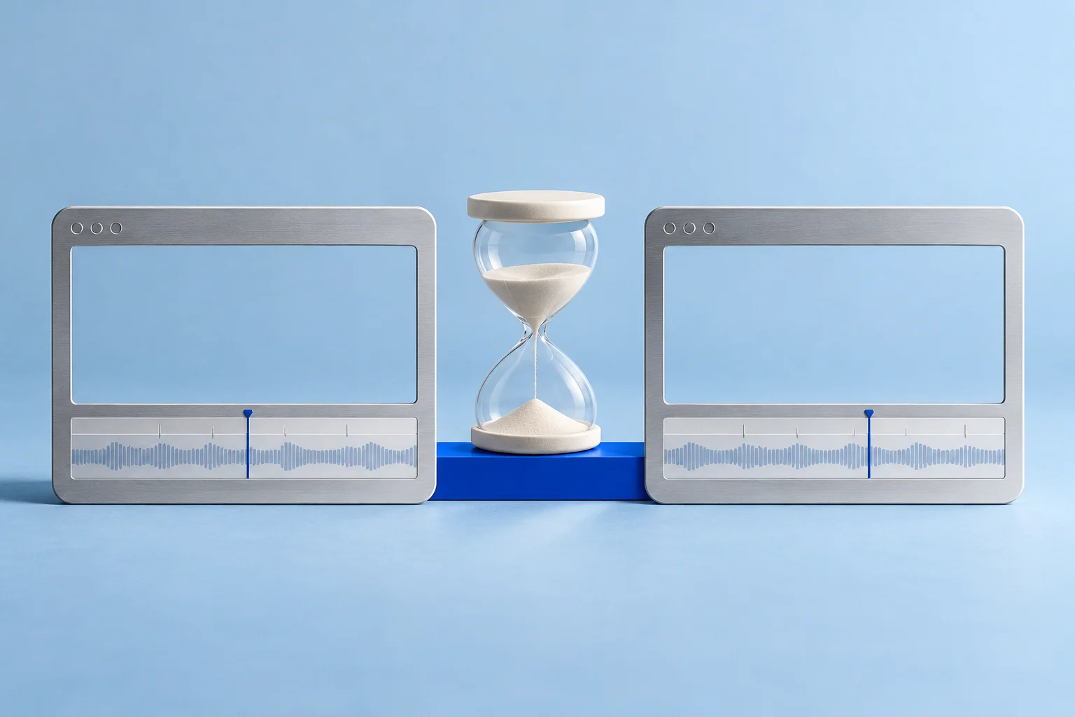 An hourglass separates two blank recording frames on a visible blue spacer.