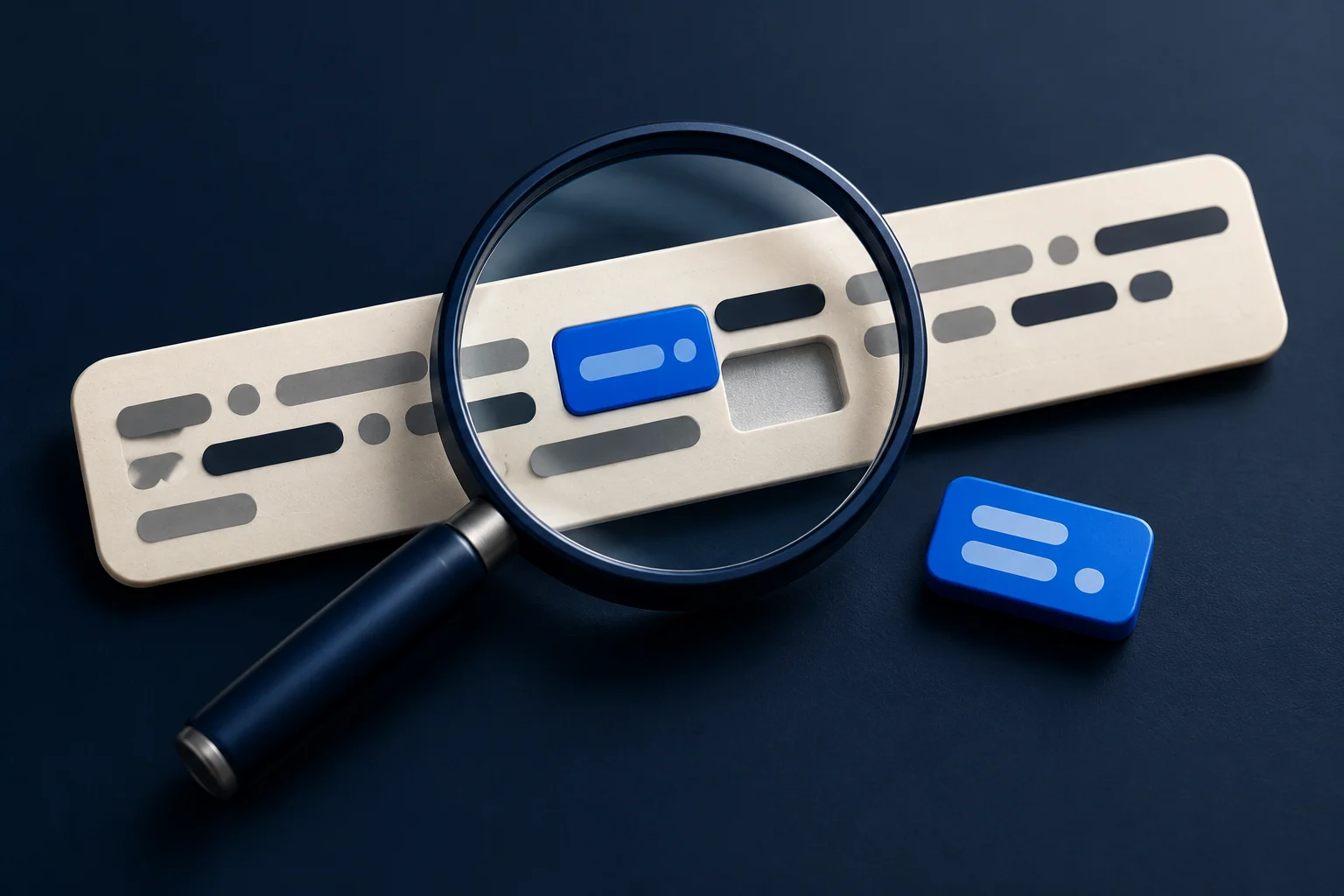 A magnifying glass inspects a caption strip with a replaceable blue tile.