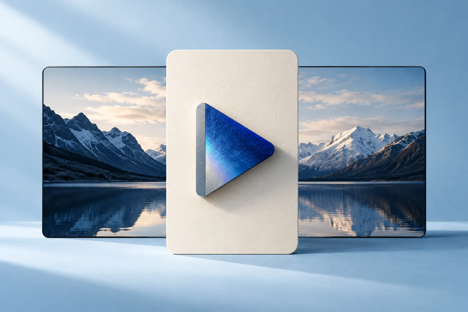 A plain play-shaped sculpture stands on a tall card in front of a wide picture.