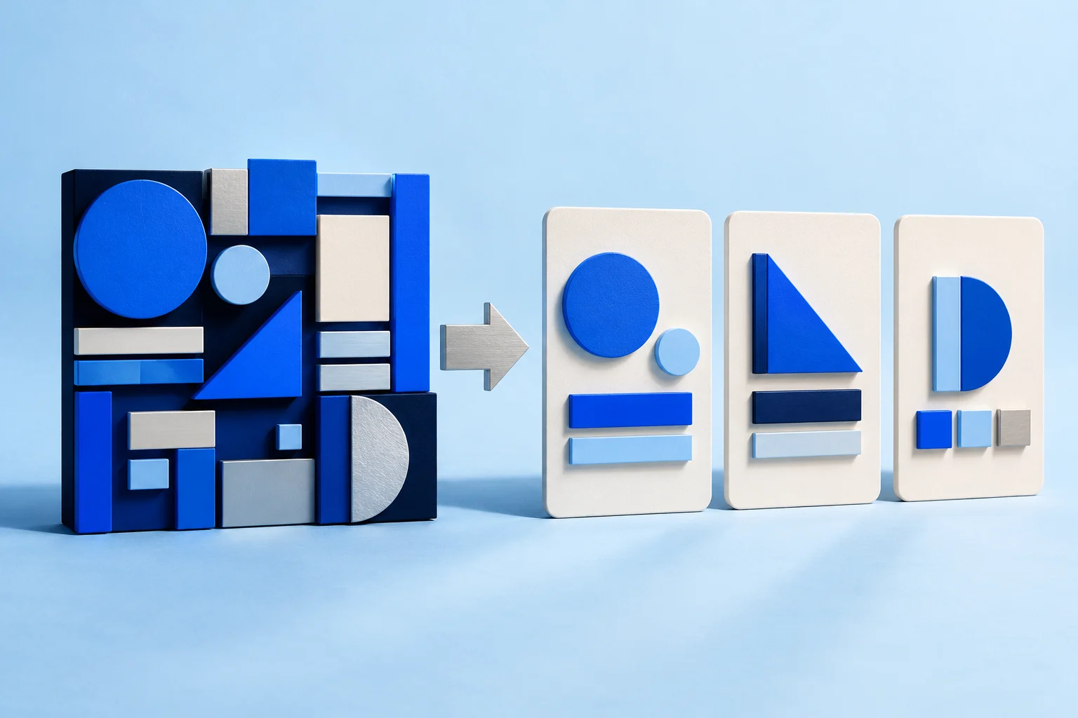 A dense blue relief becomes three simpler upright visual panels.