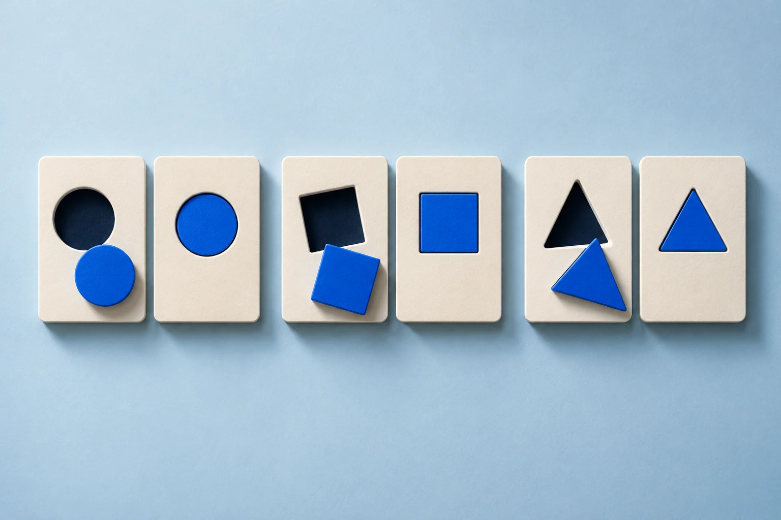 Three pairs of cards show displaced shapes and their corrected positions.
