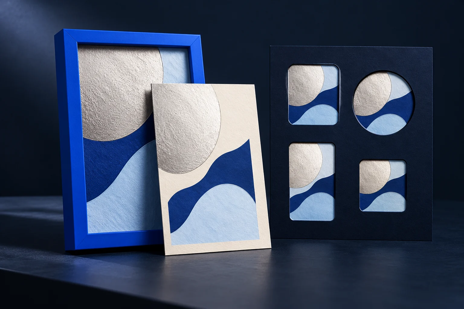 A portrait cover print sits beside a board of alternative crop windows.