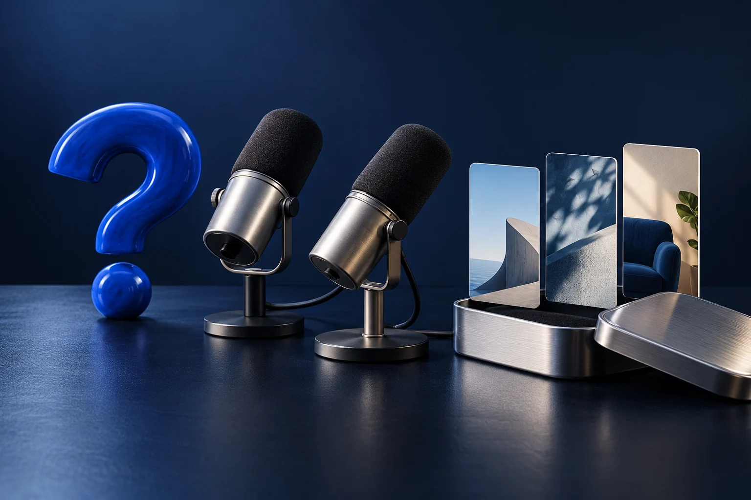 Two microphones and a blue question mark beside separate source picture cards.