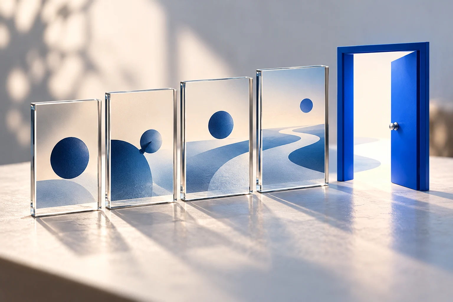 Four glass picture cards lead to an open cobalt doorway.