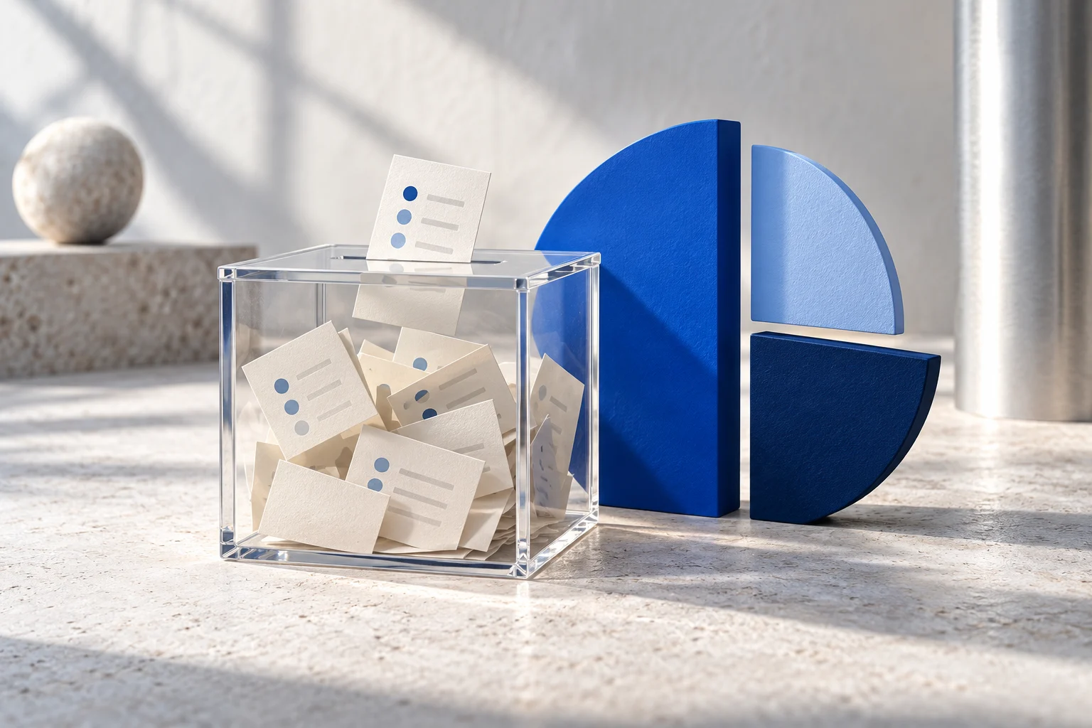 Survey response cards in a transparent box beside an unnumbered partition shape.