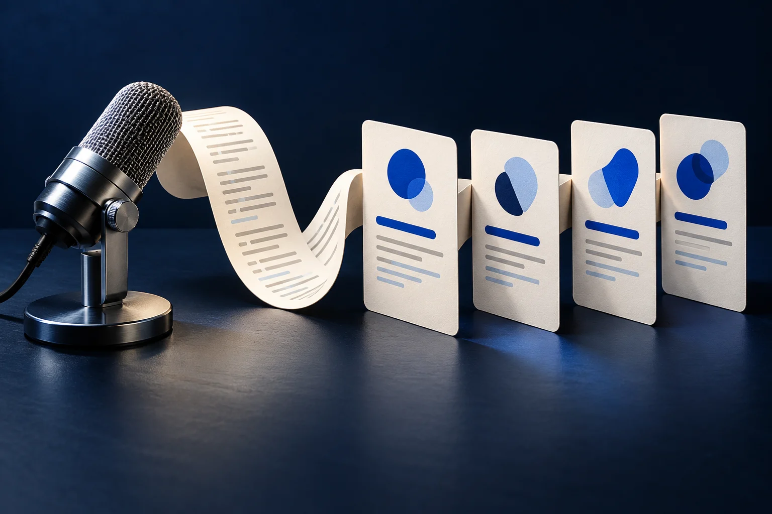 A microphone and transcript ribbon lead into four separate picture cards.