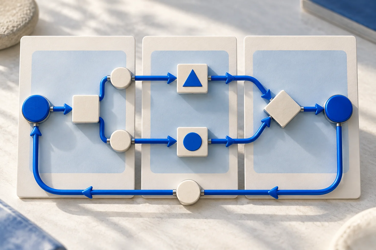 A branching blue workflow spans three connected panels and retains its return path.
