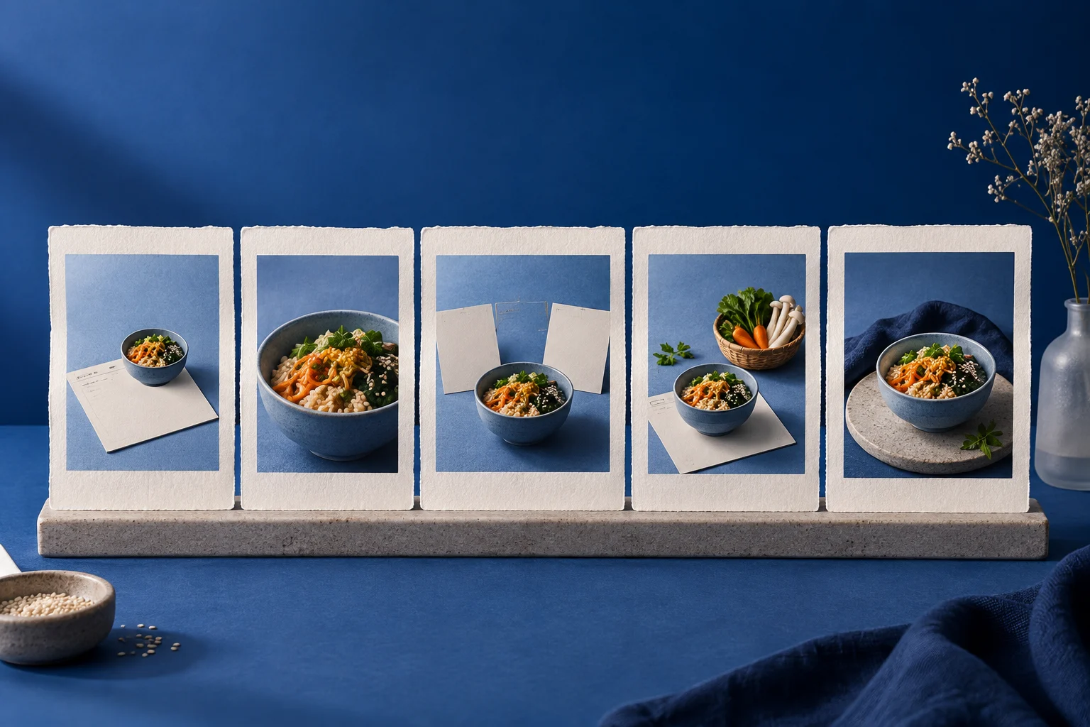 Five paper storyboard frames show a meal bowl, blank day cards, and a basket of ingredients.