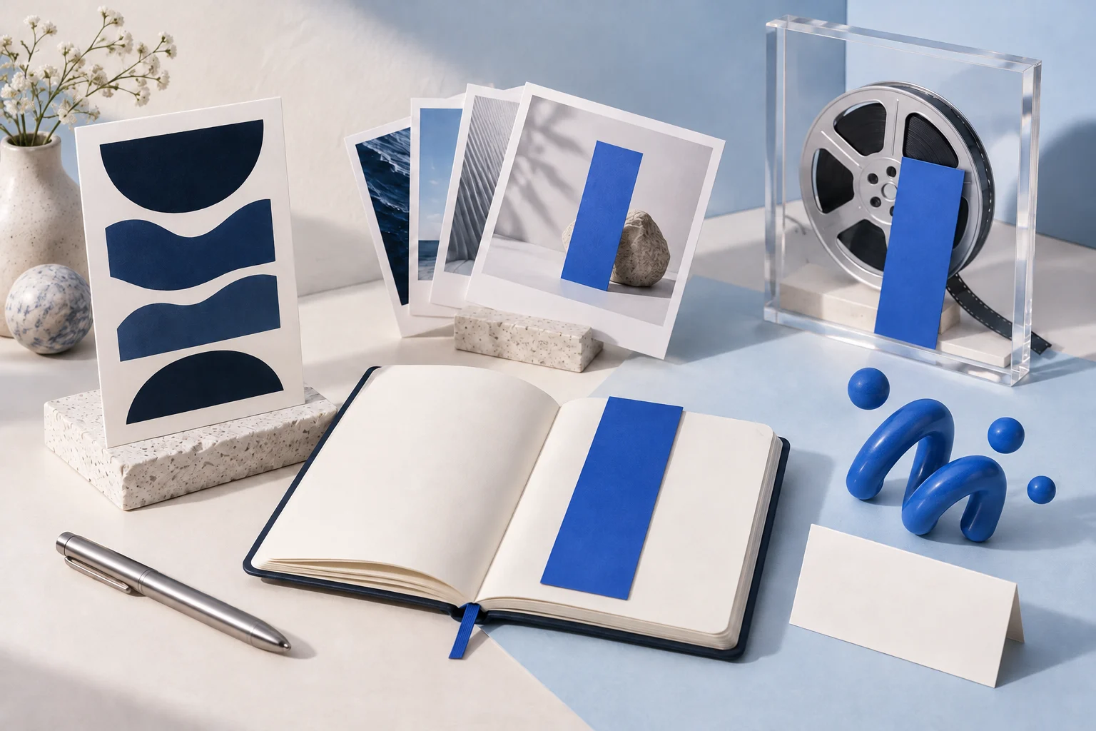 An open notebook and blue bookmark sit among abstract story art, image prints, a recording reel and a blue reaction sculpture.