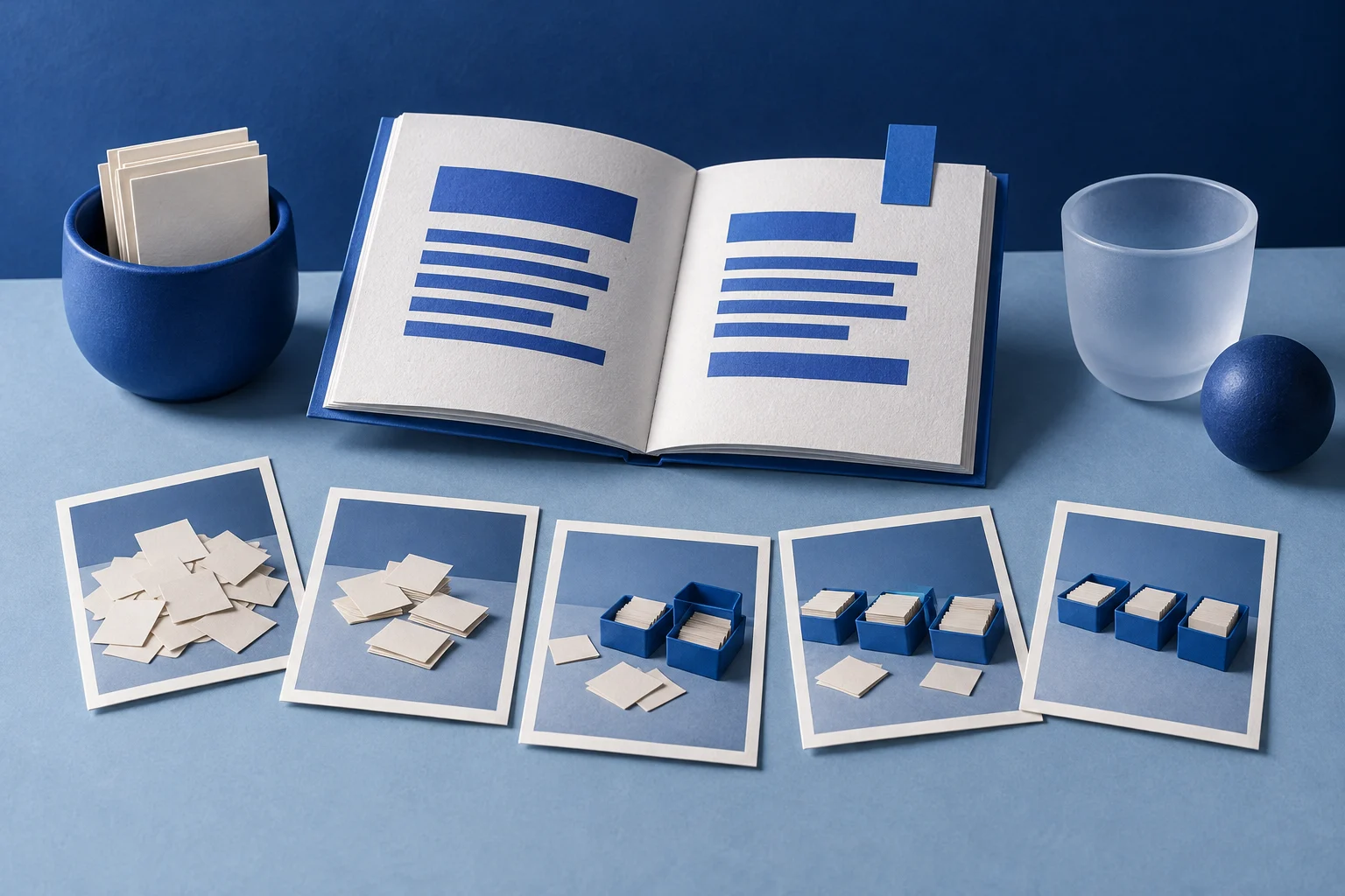 An open booklet with abstract blue paragraphs sits behind five cards showing notes sorted into trays.