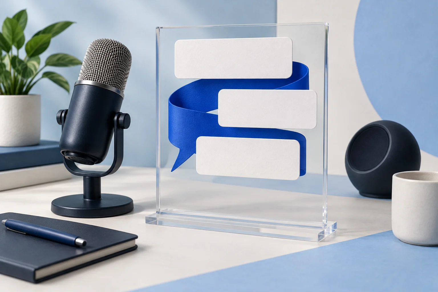 Blank phrase-sized caption blocks float over a blue speech ribbon in a clear frame beside a microphone.
