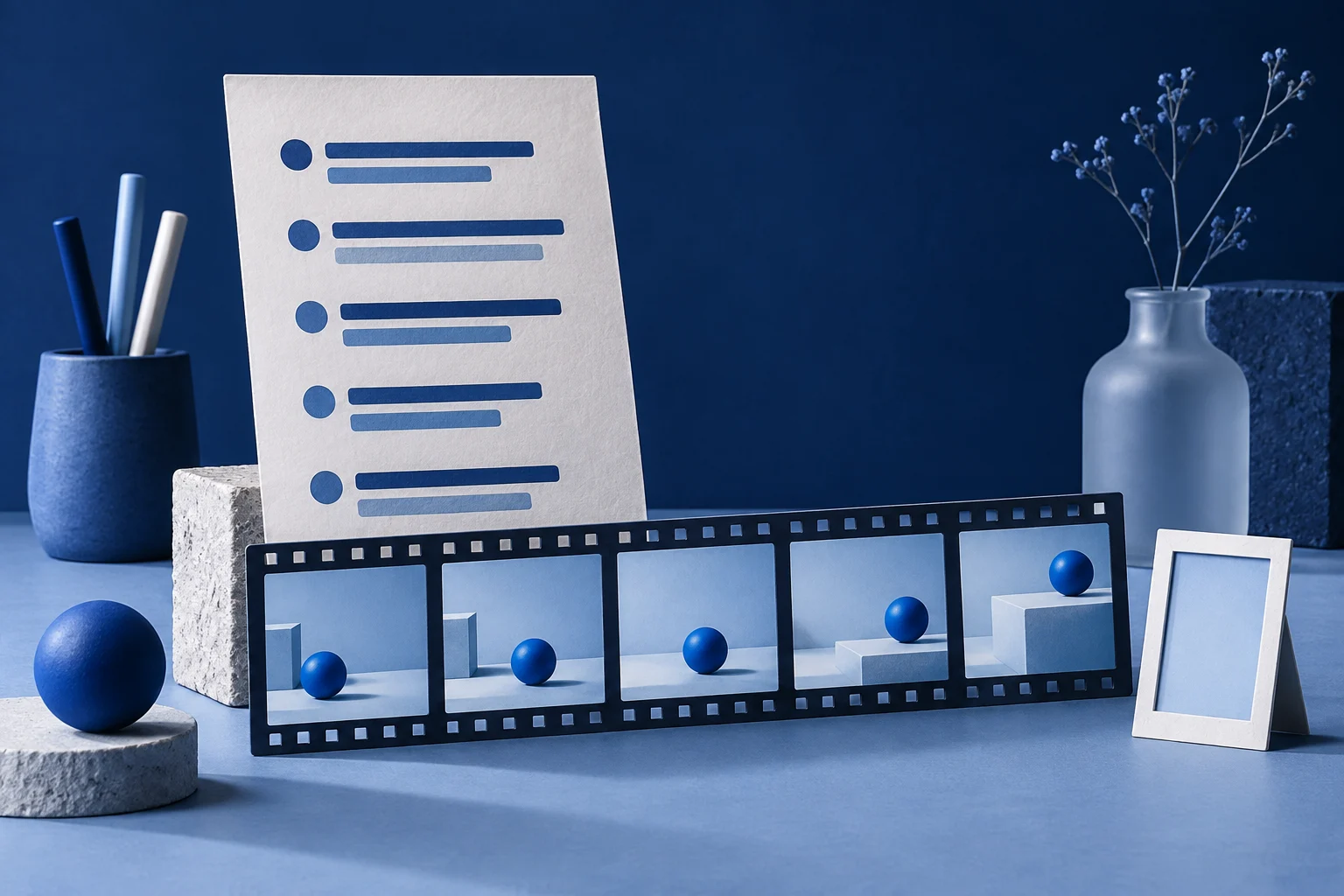 A paper script stands behind five film frames showing a blue sphere moving onto a block.