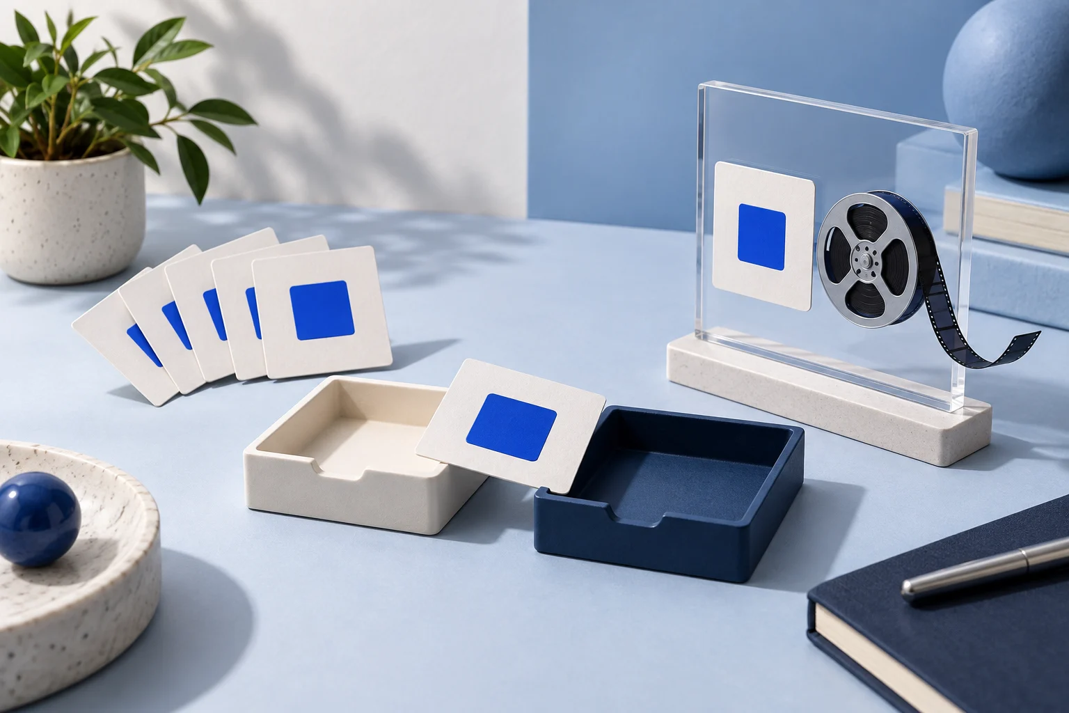 A fan of blue-marked slide cards sits beside two trays and a clear frame holding a matching card and recording reel.