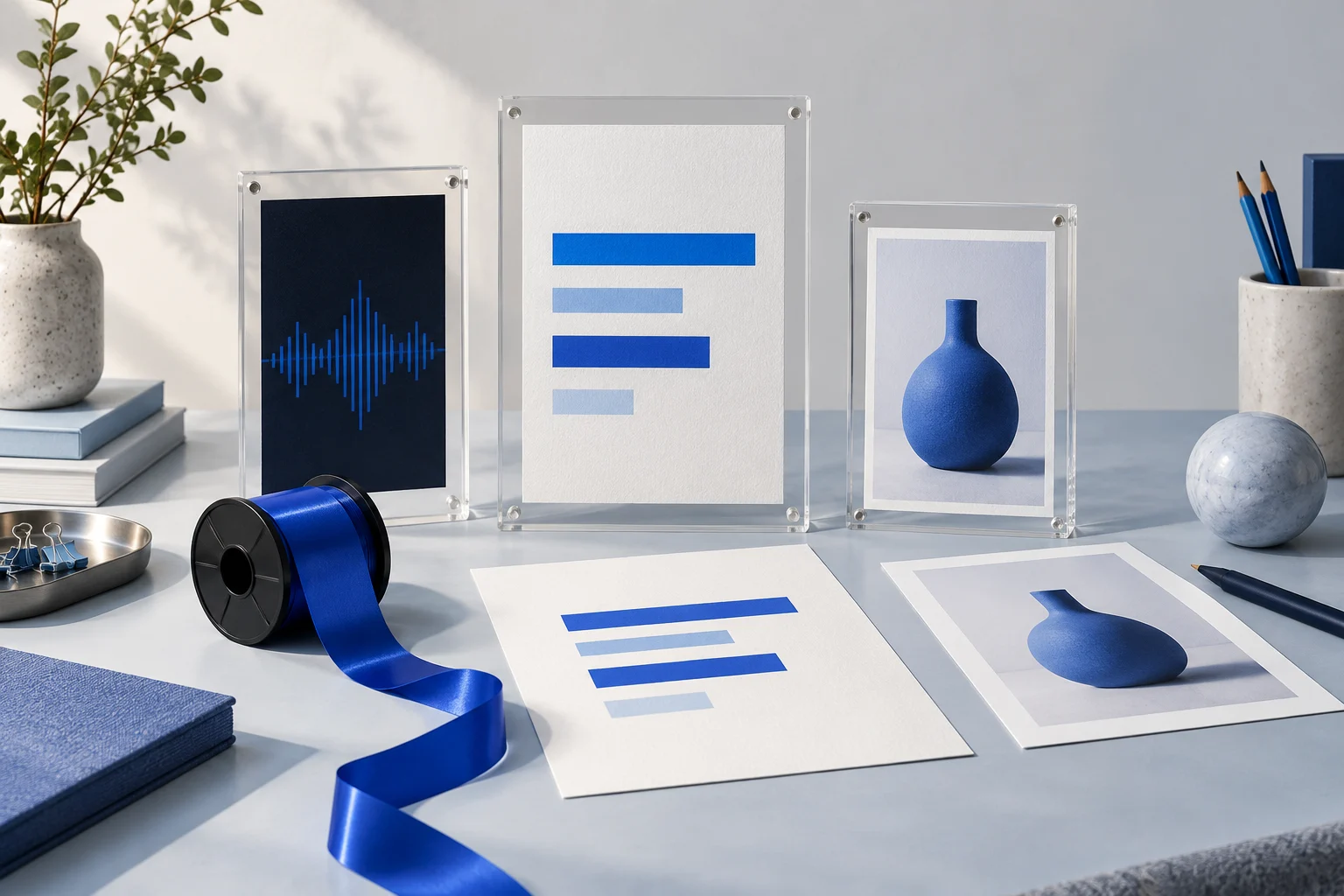 Different source materials, a recording ribbon, text sheet and image print, paired with different portrait format frames through physical color cues, no arrows.
