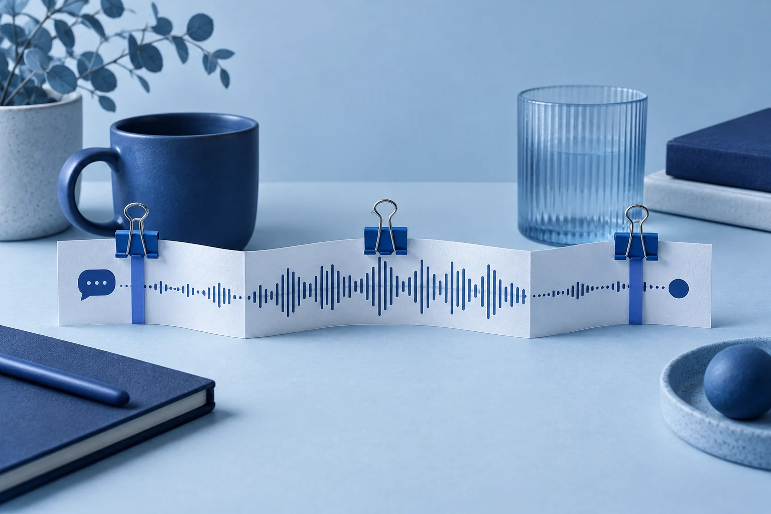 A customer interview recording ribbon with its beginning, qualification and ending held together by three blue clips; context retained across the edit.