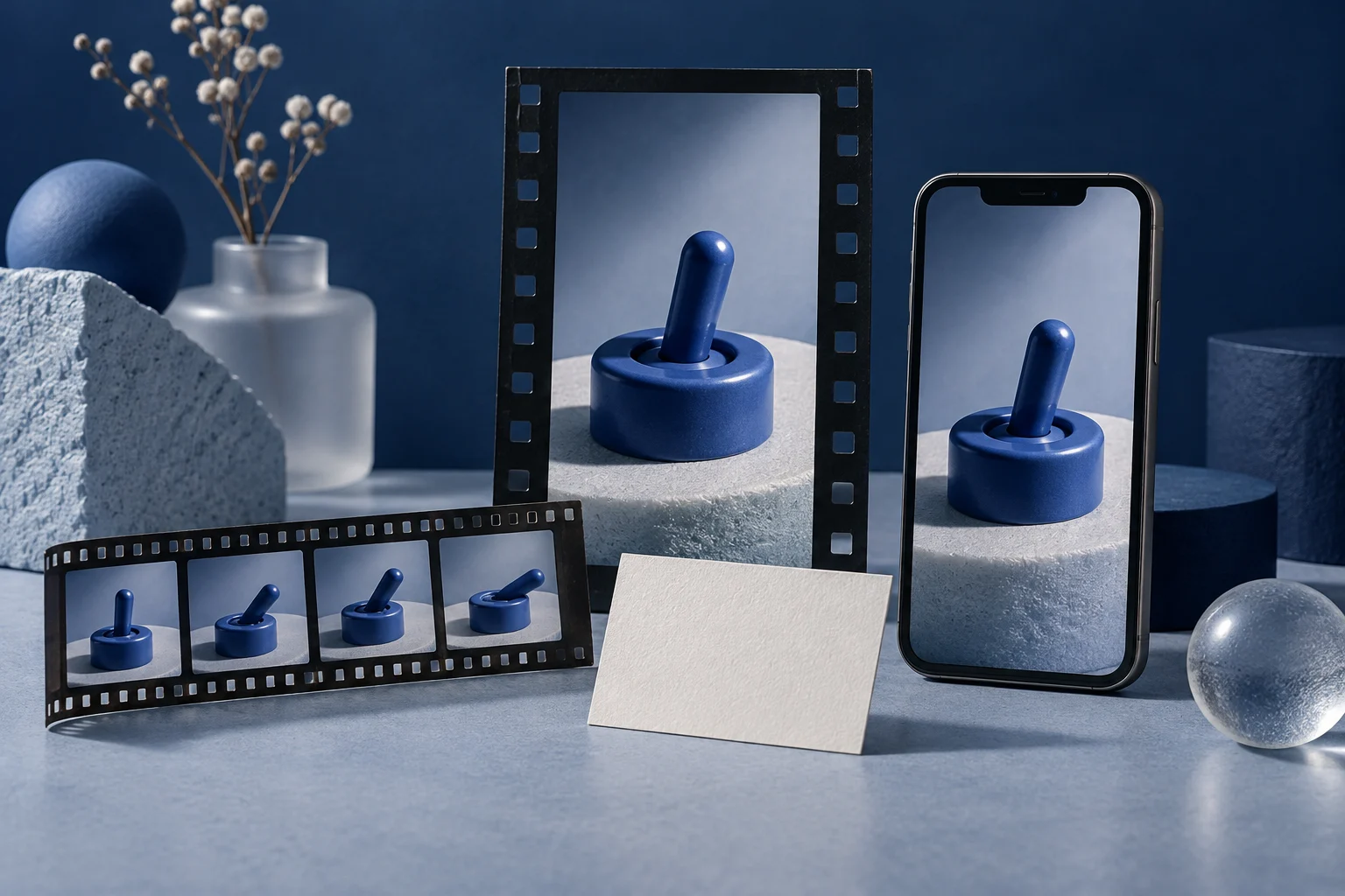 A film strip, a tall film frame, and a phone show a cobalt toggle-shaped object beside a blank opening card.