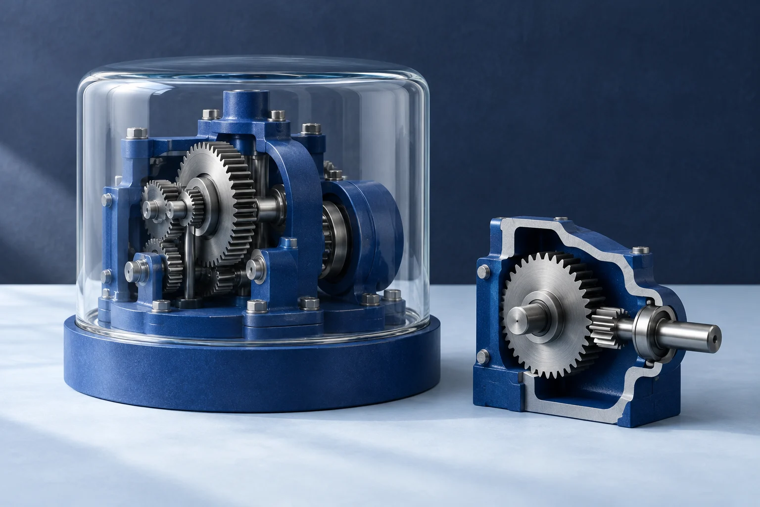 A complex blue mechanism under a glass cover next to a simpler cutaway revealing one moving part; precise technical-to-visible-explanation metaphor.