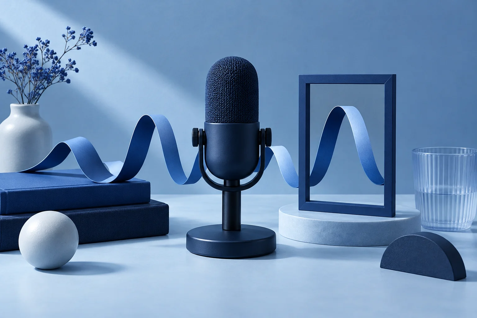 A founder-interview microphone and waveform-shaped ribbon with one complete segment carefully lifted into a portrait frame; no person or fake transcript.